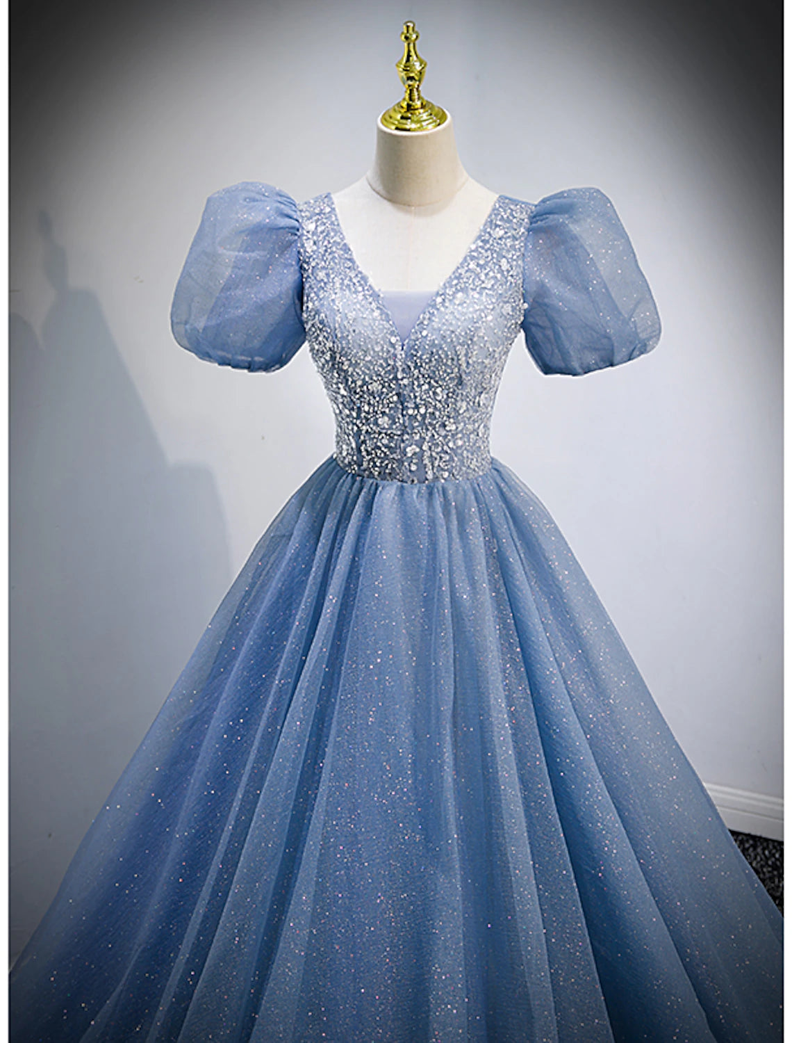Vestidos de fiesta de corte A, vestido abullonado de quinceañera, largo hasta el suelo, manga corta, cuello en V, tul con lentejuelas